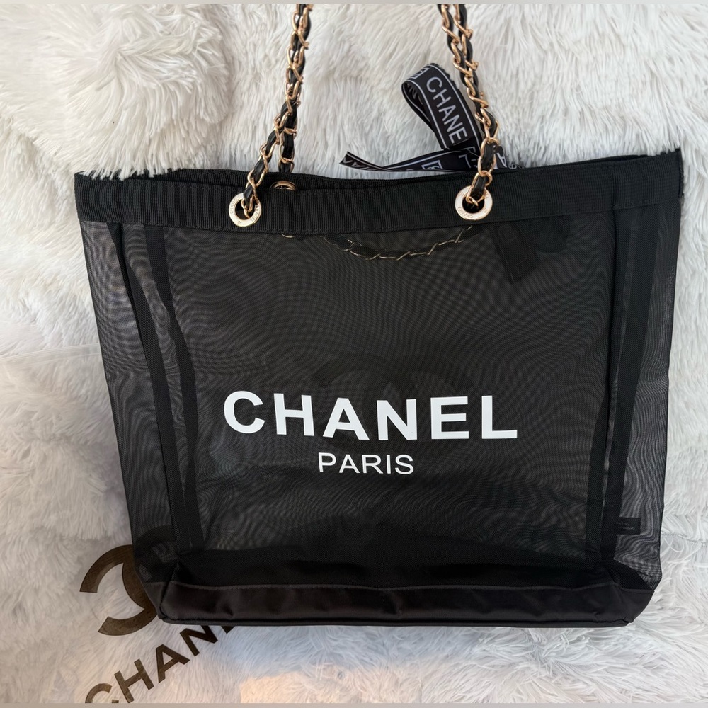 Chanel GWP Mesh Tote Bag with Makeup Pouch Set Black Beach Bag Large - Picture 2 of 8